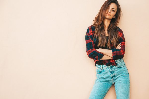 portrait-beautiful-model-sexy-female-dressed-summer-hipster-checkered-shirt-jeans-trendy-girl-posing-near-wall-street